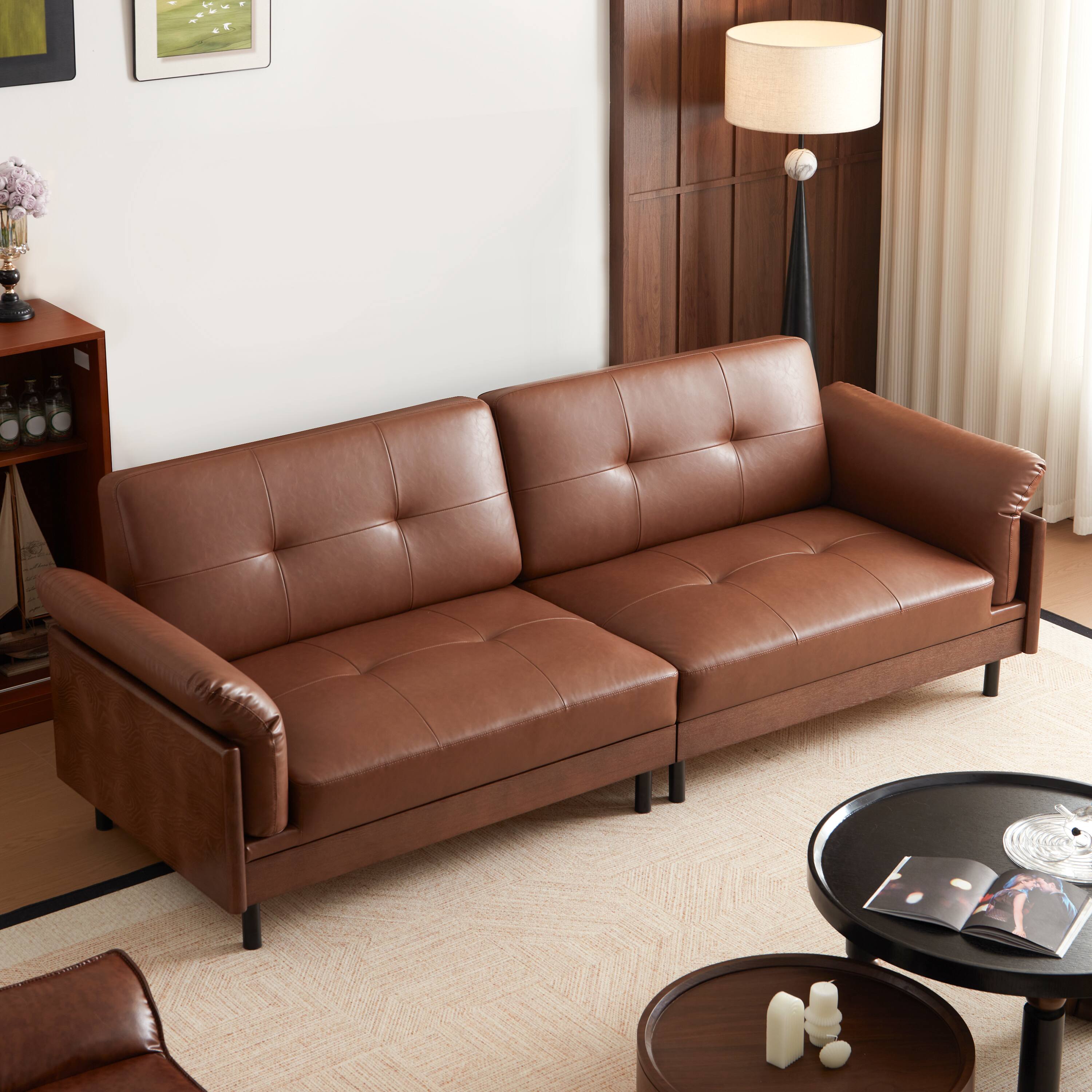 Front. MSOOB - 78.7" Mid Century Modern Sectional Leather Sofa, Deep Seat solid wood Couch with Pillow Top Arms for Living Room - Brown.