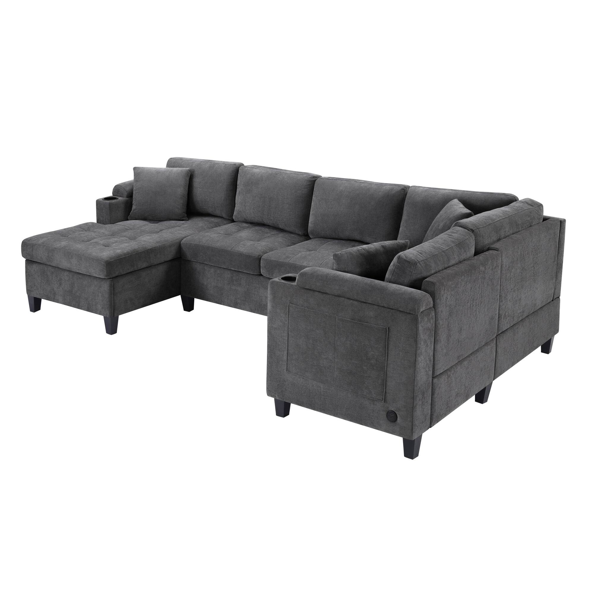 Alt View 1. Boyel Living - Modern U-shaped Sectional Sofa 115.7 inch with Built-in Cup Holders Storage Space and USB Ports in Gray - Gray.