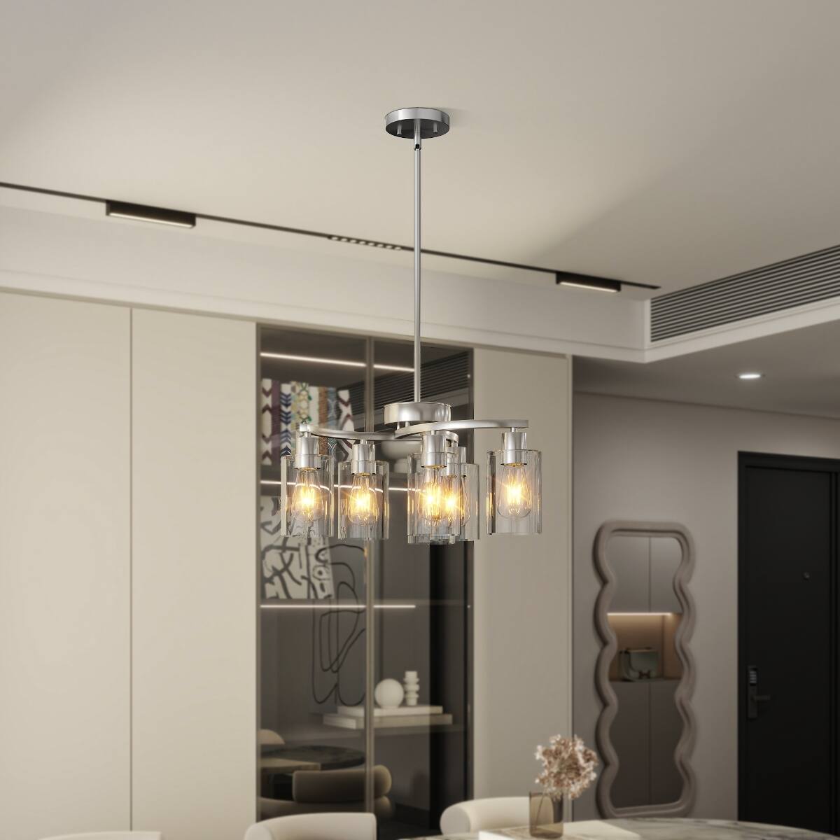 Back. Loheer - Loheer 6 Light Chandelier, Brushed Nickel with Clear Glass Shades, Adjustable for Dining Rooms.