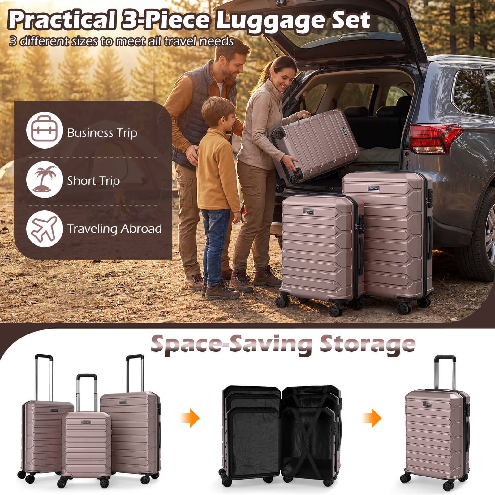 Practical 3-Piece Luggage Set  
3 different sizes to meet all travel needs  

- Business Trip  
- Short Trip  
- Traveling Abroad  

Space-Saving Storage