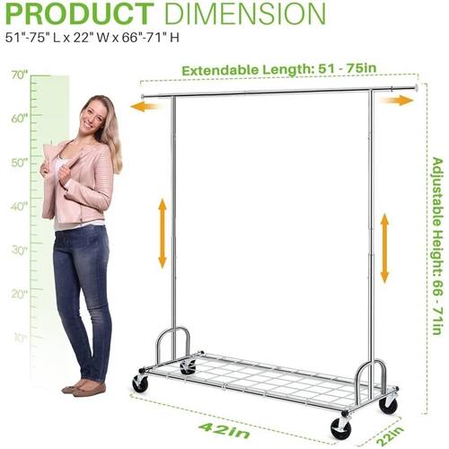 **PRODUCT DIMENSION**

51"-75" L x 22" W x 66"-71" H

- **Extendable Length:** 51"-75in
- **Adjustable Height:** 66"-71in

**Dimensions:**
- **Length:** 51"-75"
- **Width:** 22"
- **Height:** 66"-71"

**Additional Measurements:**
- **Extendable Length:** 51"-75in
- **Adjustable Height:** 66"-71in

**Illustration:**
- **Height Scale:** 70" (with arrows indicating height adjustments)
- **Width:** 22"
- **Height:** 42in (at the lowest position)