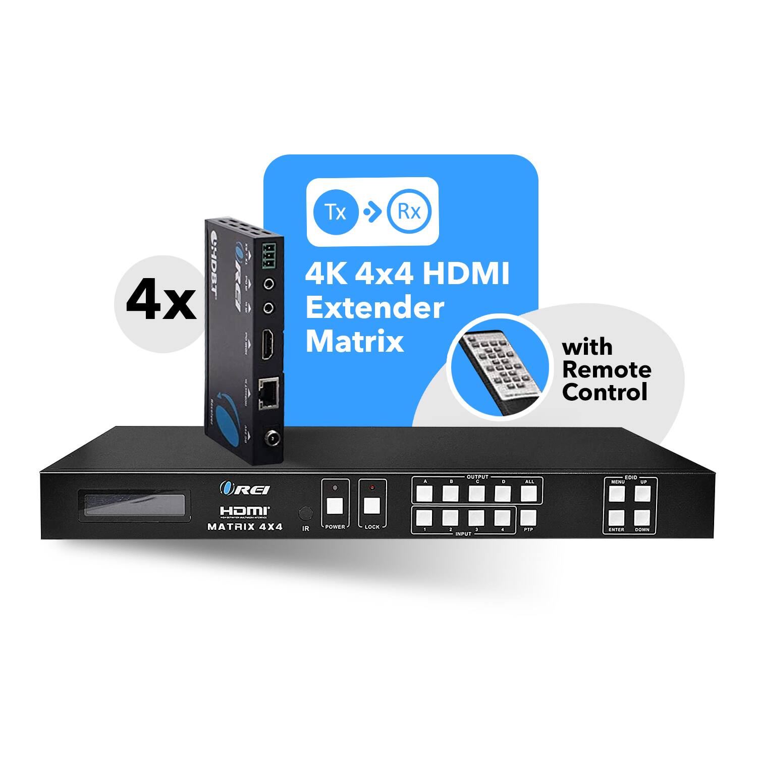 Tx Rx 4x 4K 4x4 HDMI Extender Matrix with Remote Control REI HDMI MATRIX 4X4 INPUT OUTPUT POWER LOCK