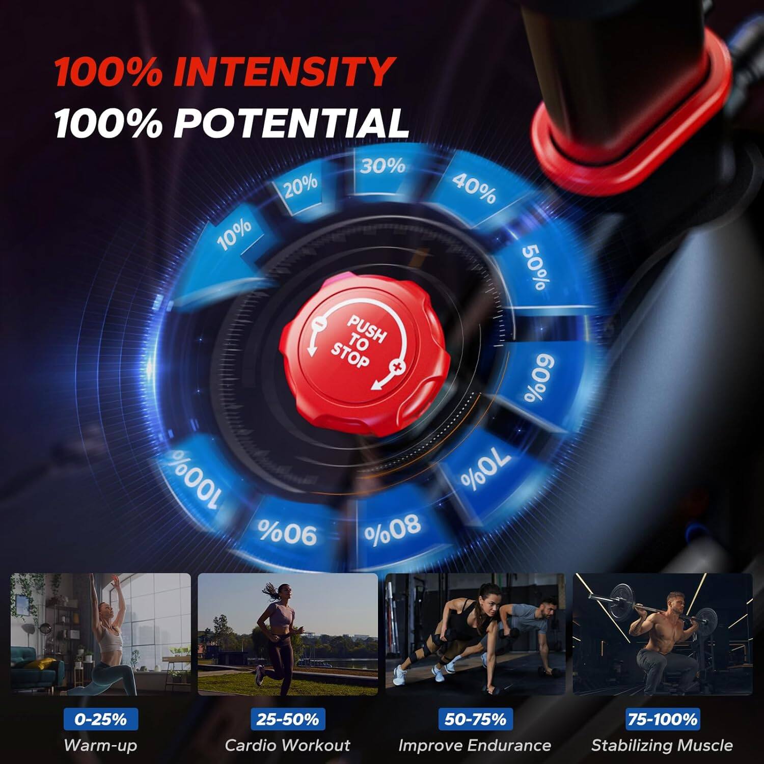 100% INTENSITY  
100% POTENTIAL  

30% 20% 40% 10% 50% PUSH TO STOP 60% 100% 70% 80% 0-25% Warm-up  
25-50% Cardio Workout  
50-75% Improve Endurance  
75-100% Stabilizing Muscle