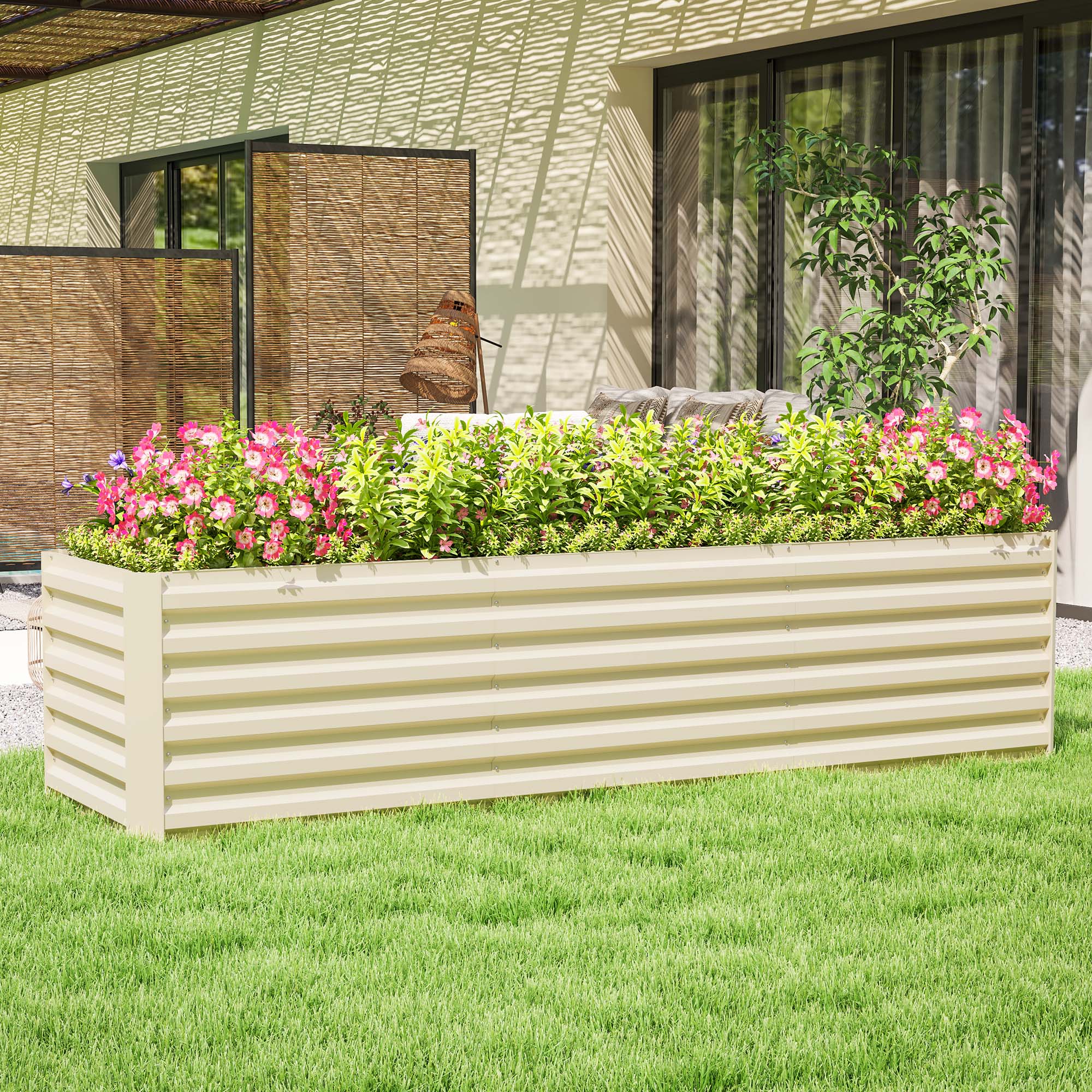 Alt View 1. Outsunny - 8 x 2 x 2ft Galvanized Raised Garden Bed Kit, Outdoor Metal Elevated Planter Box with Safety Edging, Large Raised Bed - Cream White.