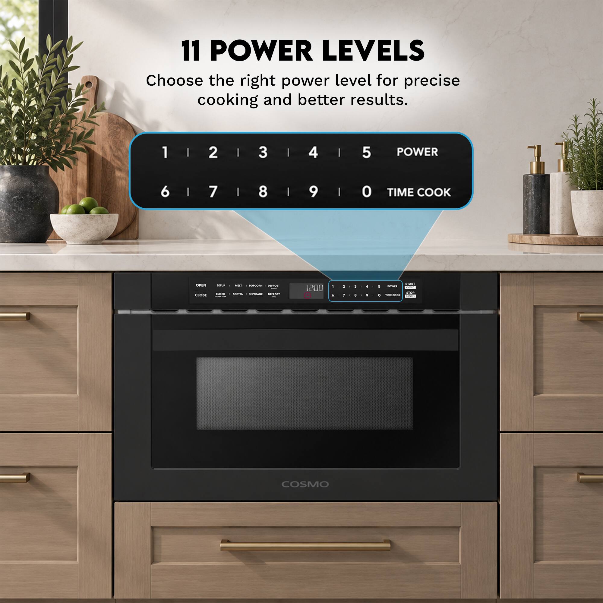 11 POWER LEVELS  
Choose the right power level for precise cooking and better results.  

1 2 3 4 5 POWER  
6 7 8 9 0 TIME COOK  

OPEN CLOSE  
STUP LAKE  
WILL PUPLORS KINGM - SPARAM -  
B-NN 00 C  
- 1  
-  
1 1  
: :  
4 1  
START - POTAS - CUP 1 THAIDOOM -  
COSMO
