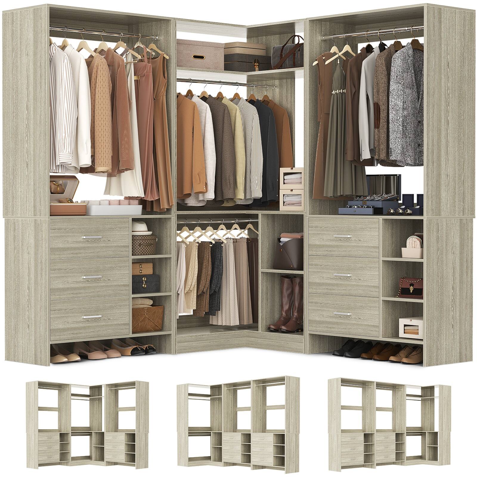 Angle. Aheaplus - 61'' - 92.6'' W L-Shaped Closet System - Corner Wardrobe System with 6 Drawers, 4 Hanging Rods, and Shelves - Beige Oak.