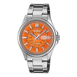 Casio - Men's Orange Dial Stainless Steel Day Date Wristwatch - MTP-E740-4AVDF - Silver