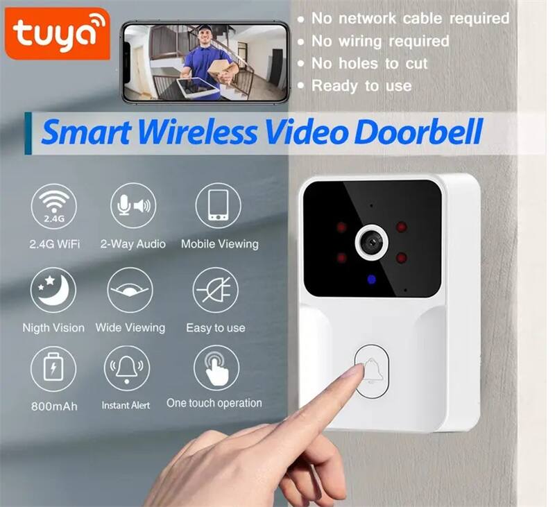 tuya Smart Wireless Video Doorbell

- No network cable required
- No wiring required
- No holes to cut
- Ready to use

2.4G WiFi  
2-Way Audio  
Mobile Viewing  
Night Vision  
Wide Viewing  
Easy to use  
800mAh  
Instant Alert  
One touch operation