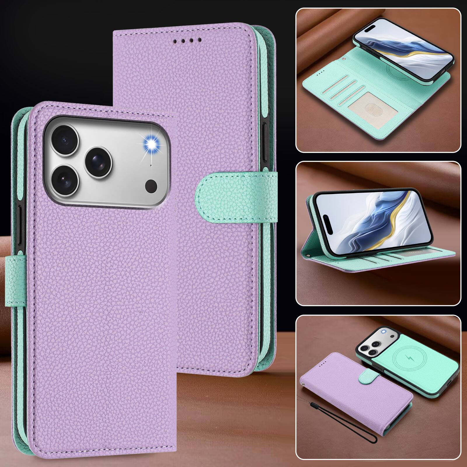 Alt View 3. Dteck - Magnetic Detachable Wallet Case for Apple iPhone 17 Pro Max,PU Leather Card Holder Flip Cover with Wrist Strap - Purple.