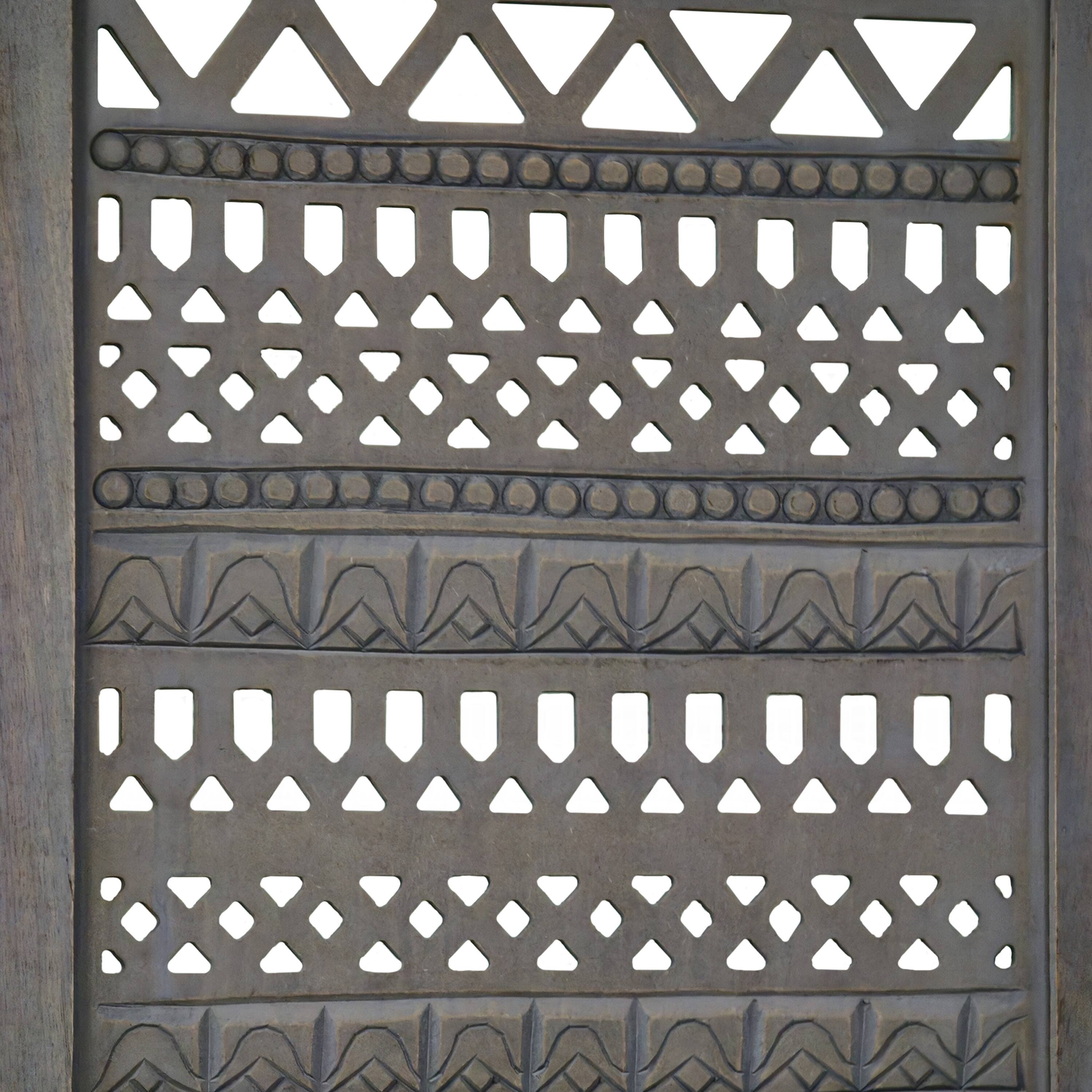 Alt View 2. Manhattan Lane - Karma 3 Panel Folding Room Divider Screen, Antique Gray Mango Wood, Inticate Cut out Geometric Design - Gray.