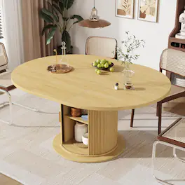 Espafurni - 47-63" Extendable Dining Table for 4-8, Modern Oval Table with 2-Tier Storage Shelf - Natural Wood