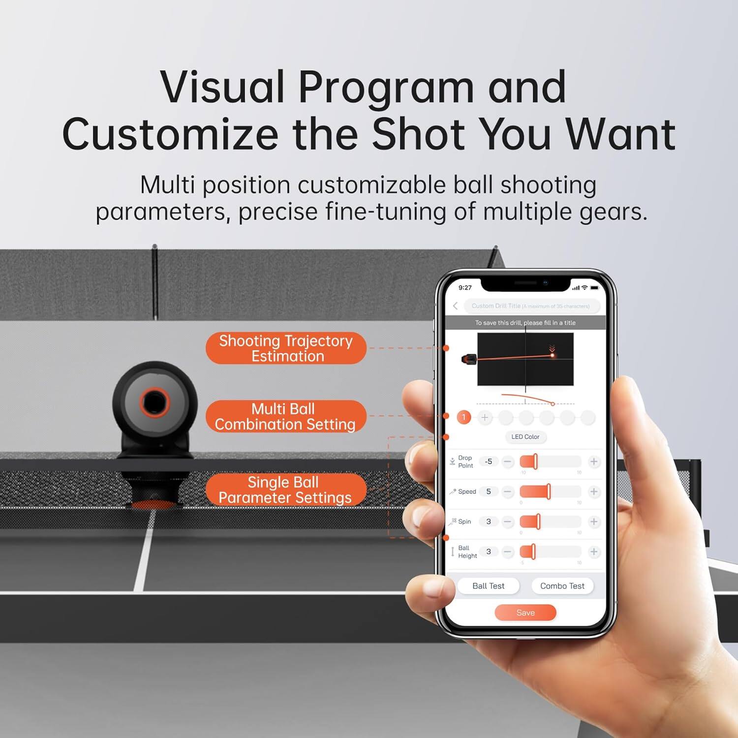 Visual Program and Customize the Shot You Want

Multi position customizable ball shooting parameters, precise fine-tuning of multiple gears.

- Shooting Trajectory Estimation
- Multi Ball Combination Setting
- Single Ball Parameter Settings

LED Color
- Drop Point
- Speed
- Spin
- Ball Height

Ball Test
Combo Test
Save