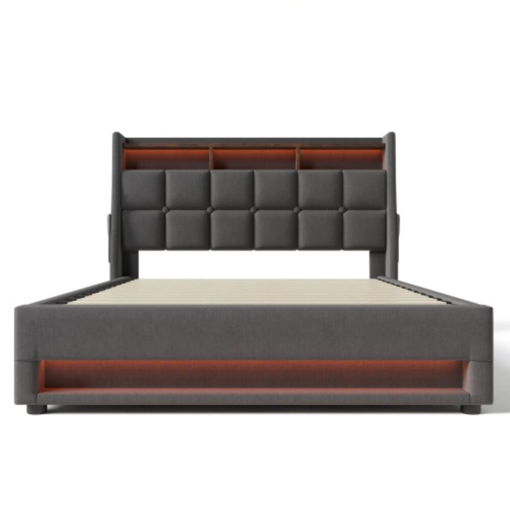 Alt View 3. LUCKY ONE - Queen Size Upholstered Platform Bed with Hydraulic Storage, LED Lights, USB Charging Station, No Box Spring Needed - Grey.