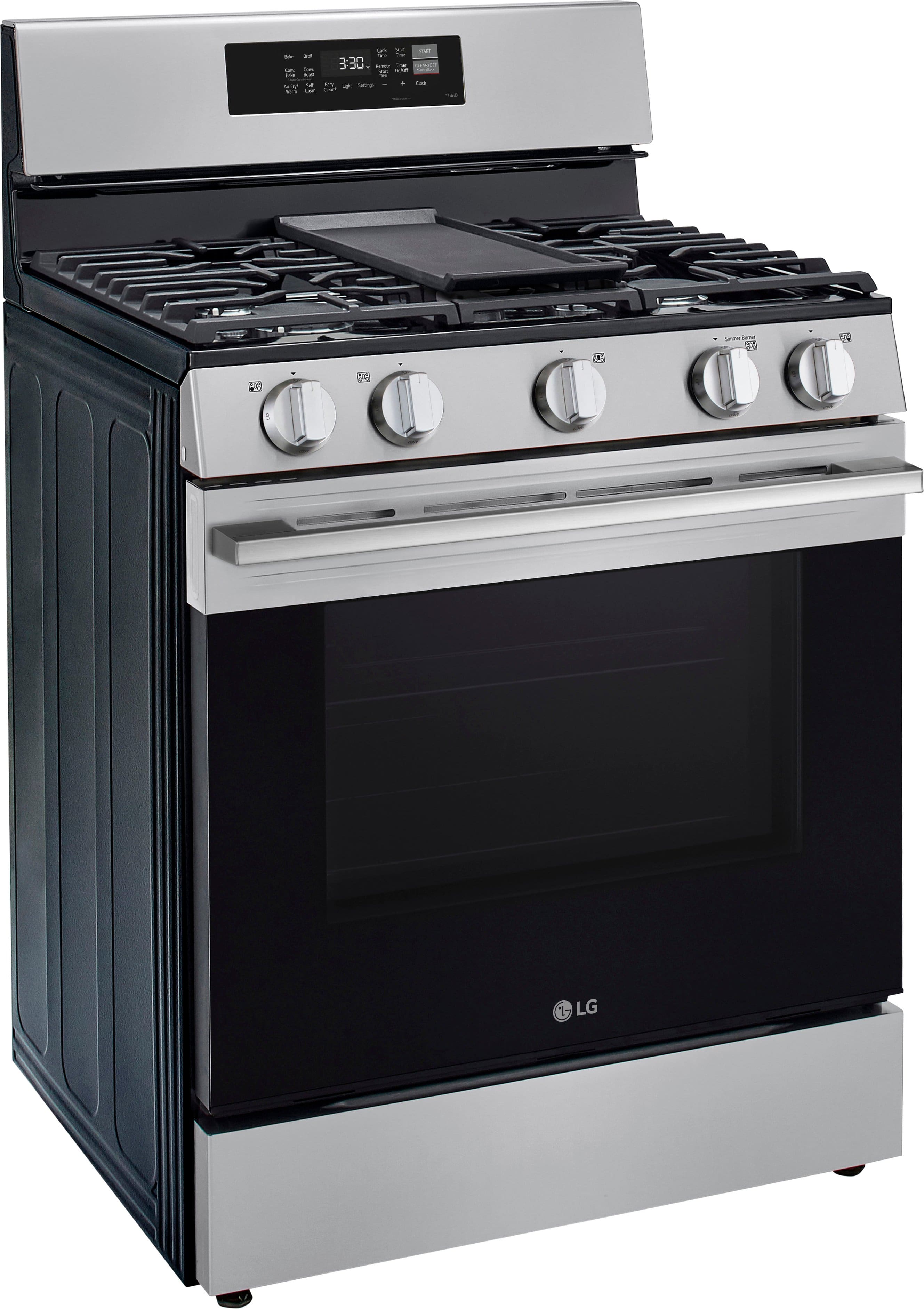 The image features a stainless steel LG oven with a black door. The oven has a digital display and is equipped with six burners. The oven is currently set to 3:30, indicating that it is ready for use.