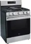 The image features a stainless steel LG oven with a black door. The oven has a digital display and is equipped with six burners. The oven is currently set to 3:30, indicating that it is ready for use.