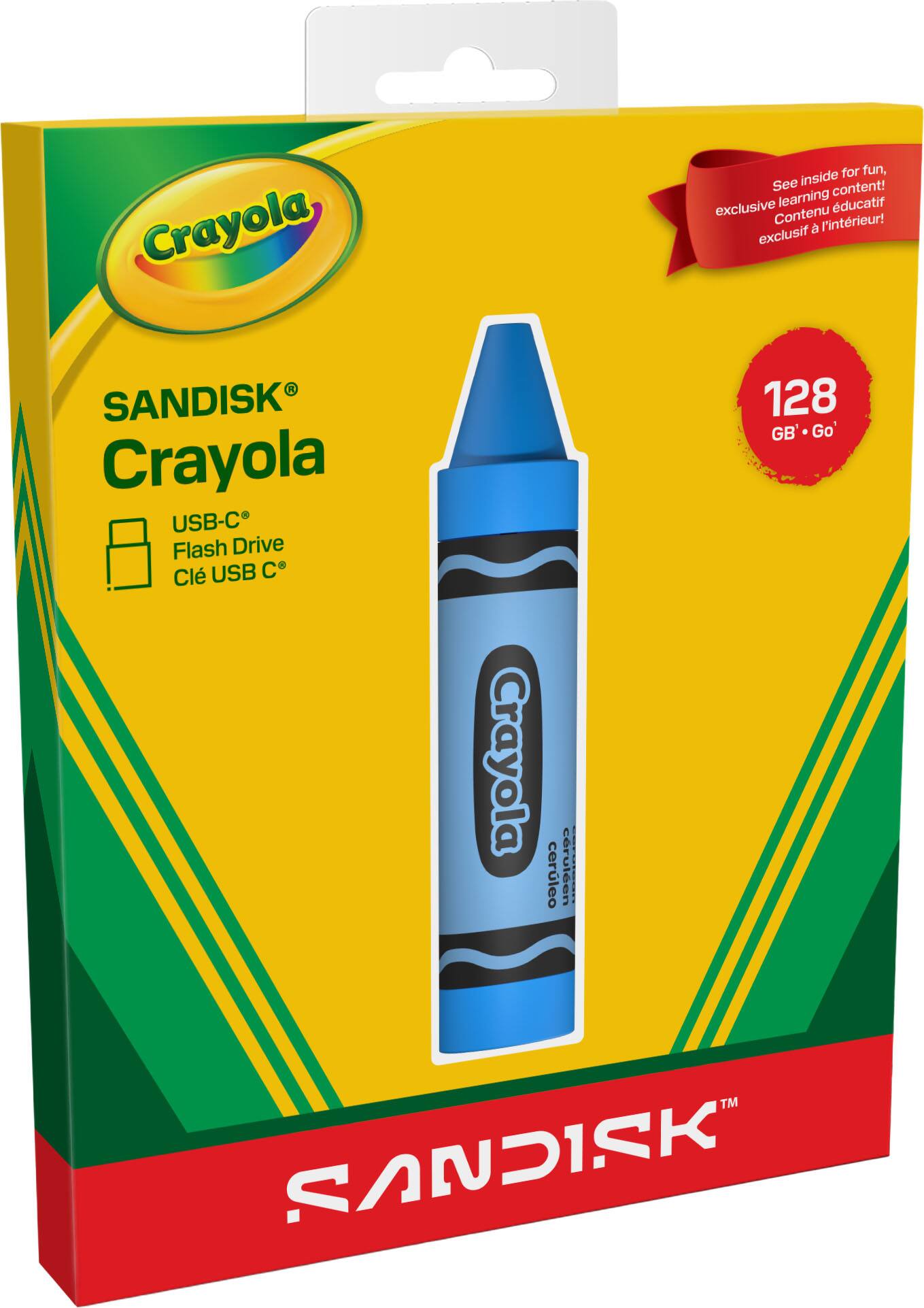 Crayola  
SANDISK  
USB-C Flash Drive  
Clé USB C  

See inside for fun, exclusive learning content!  
Contenu éducatif exclusif à l'intérieur!  

128 GB 'Go'  

Crayola cerulean