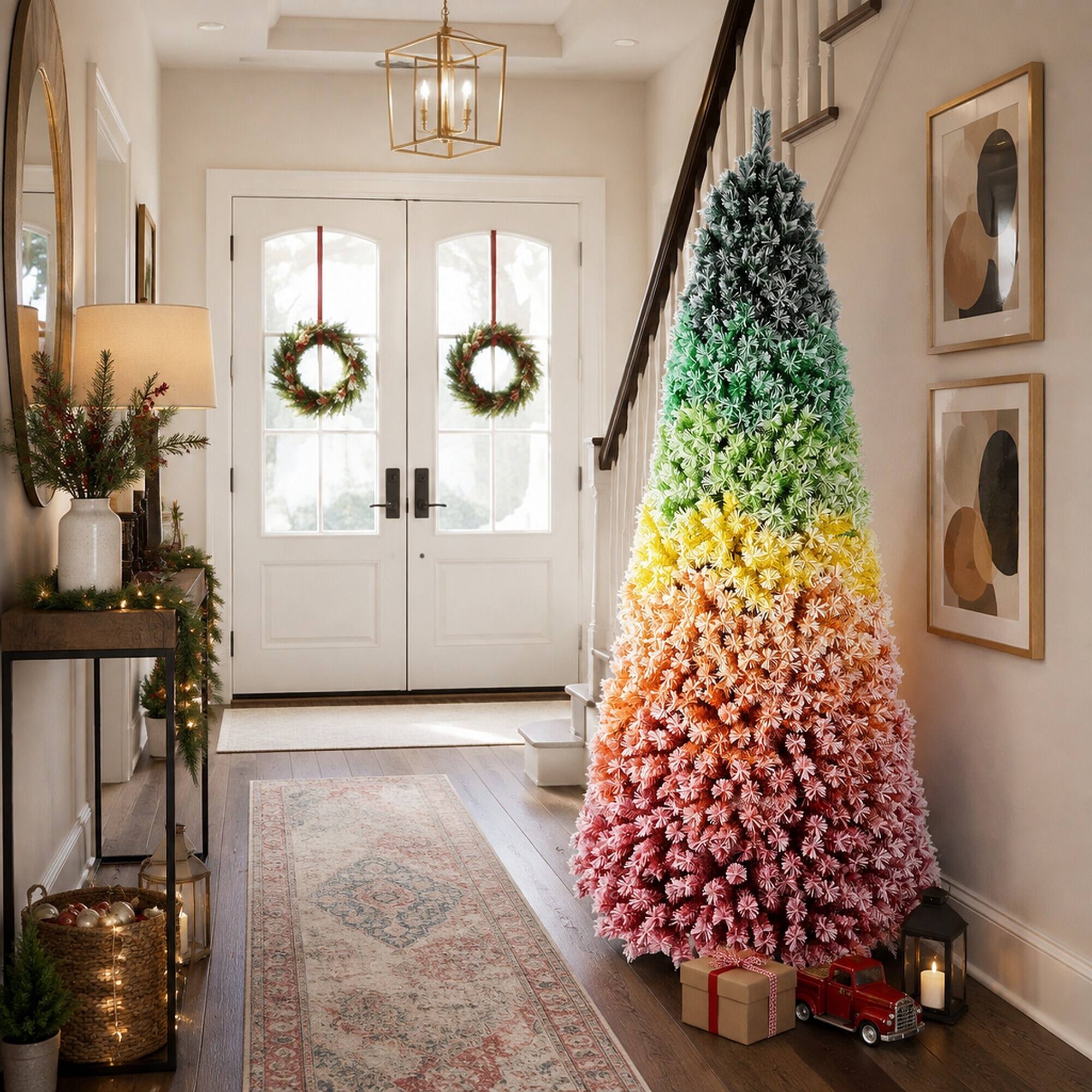 Alt View 2. RYHNUYNE - 6Ft Rainbow Gradient Flocked PVC Christmas Tree, 1326 Tips Colorful Full-Bodied Pine Snowy Finish Hinged Design - Colorful.