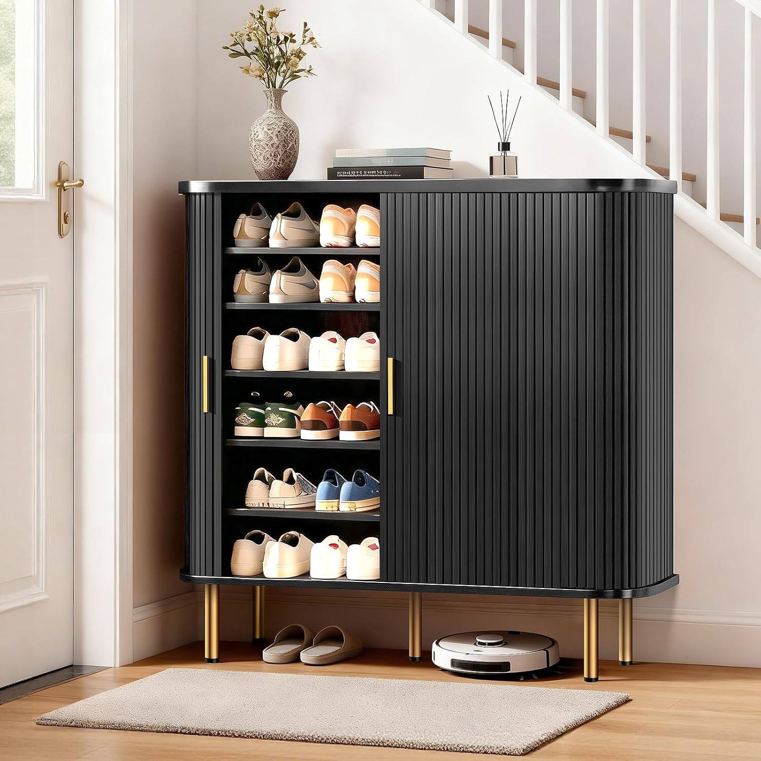 Back. Tiramisubest - 47" 6-Tier Shoe Storage Cabinet with Sliding Door and Adjustable Shelves,Mid-Century Freestanding Shoe Storage Organizer - Black.