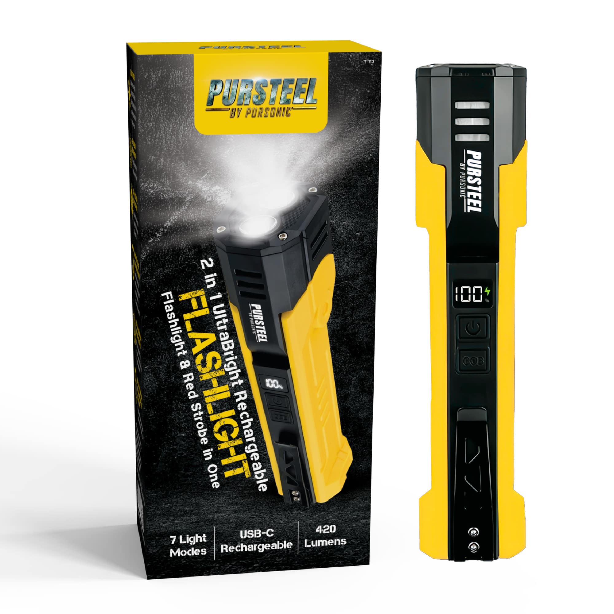 Pursonic - – 2-in-1 UltraBright Rechargeable Flashlight & Red Strobe - Black