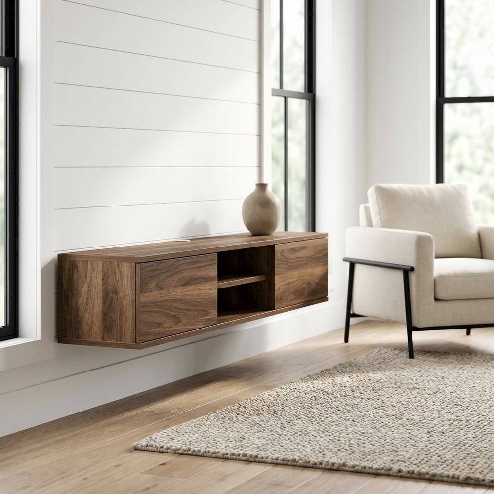 Alt View 1. FurniFact - Brown Floating TV Stand with Wall Mount and Modern Storage Design - Brown.