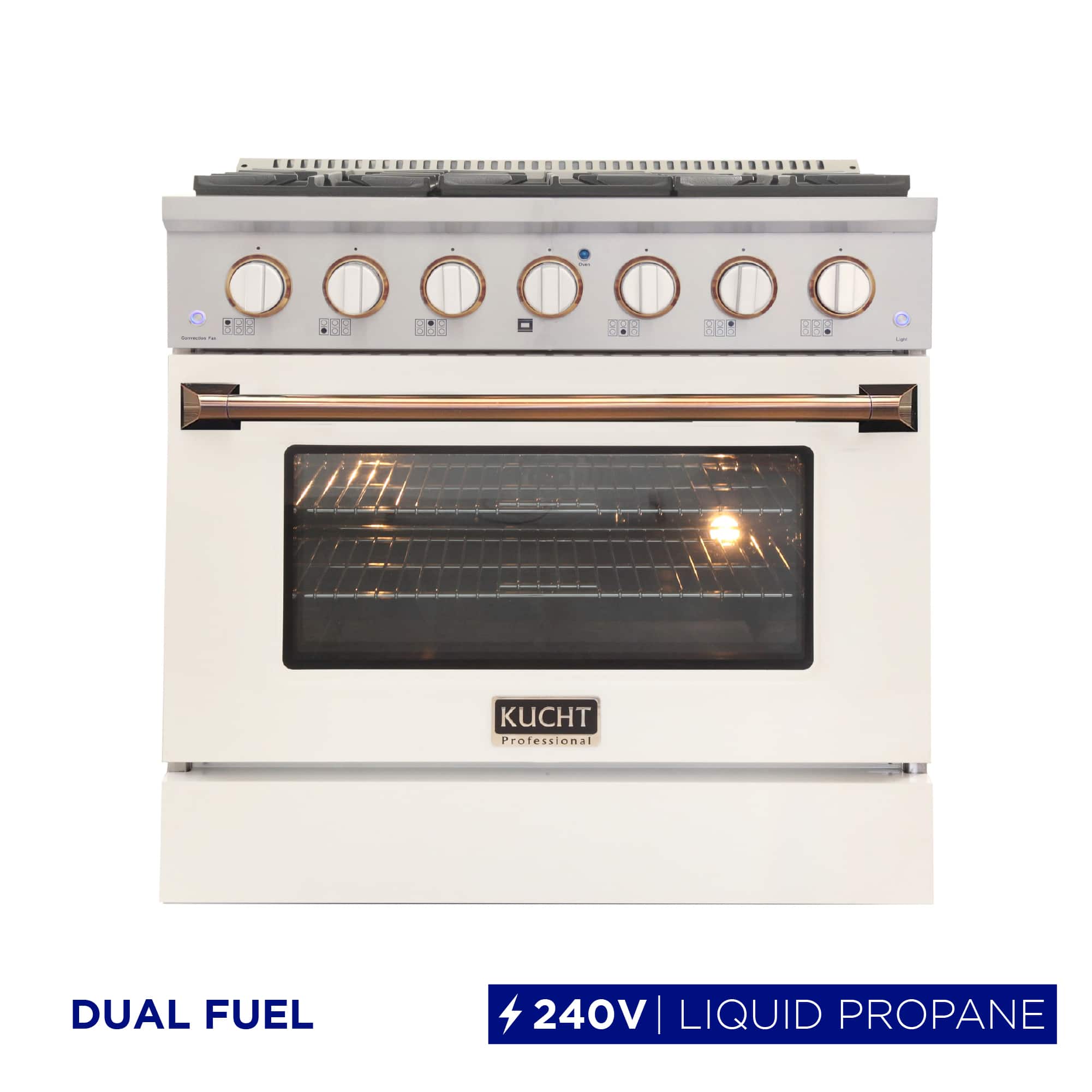 Kucht - 36" Dual Fuel Range for LP, SS/White Door, White Knobs, Gold Handle & Rings, Convection Oven - White & Gold