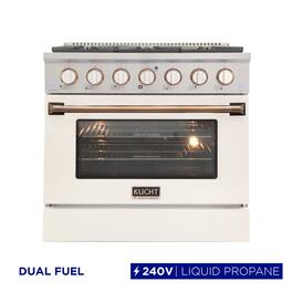 Kucht - 36" Dual Fuel Range for LP, SS/White Door, White Knobs, Gold Handle & Rings, Convection Oven - White & Gold
