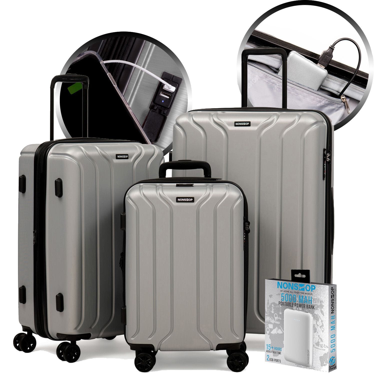 Nonstop - New York 3 Piece Set (20" 24" 28") 4-Wheel Luggage Set + PowerBank & 3 packing cubes - Silver