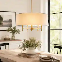 RYHNUYNE - 5-Light Modern Drum Pendant Light, Chandelier with White Linen Shade for Dining Room Kitchen Island - Gold