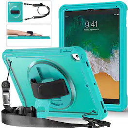 Dteck - Rugged Case for Apple iPad (6th Generation) 9.7" 2018 Built-in Screen Protector, Shockproof Kickstand Cover with Strap - Blue
