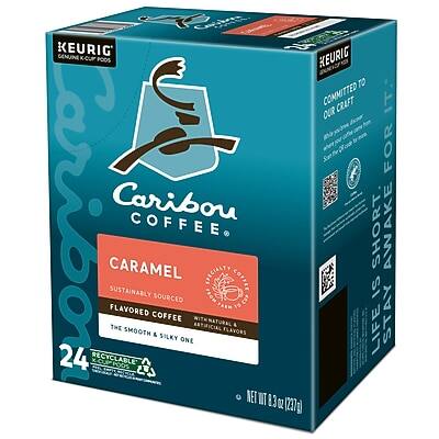 KEURIG  
Caribou Coffee  
Caramel  
Sustainably Sourced  
Flavored Coffee  
The Smooth & Silky One  
24 Recyclable K-Cups  
Net Wt. 8.3 oz (237g)  
Committed to Our Craft  
Stay Short. Stay Sweet.  
Life is Short.  
Natural & Artificial Flavors  
Recyclable
