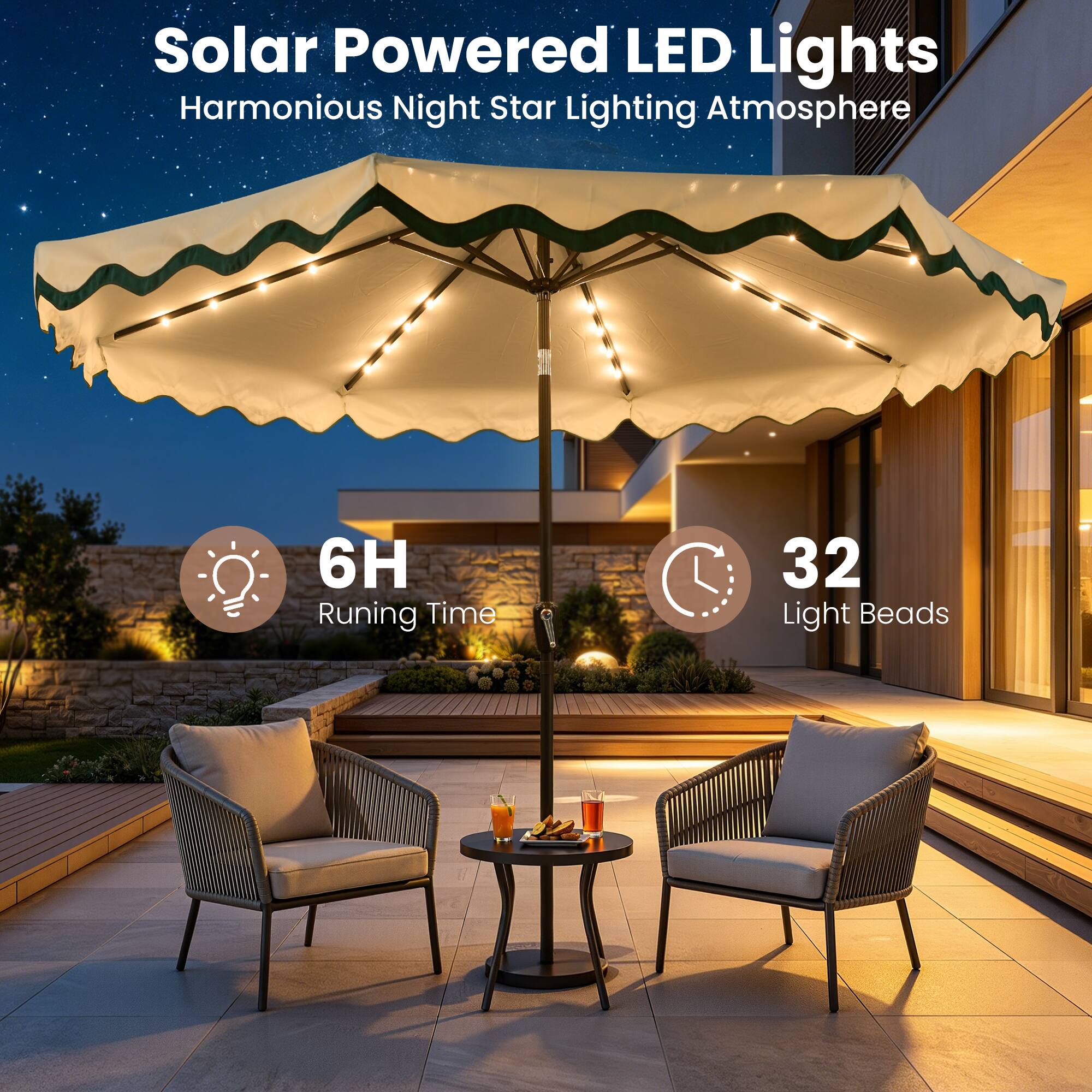 Solar Powered LED Lights  
Harmonious Night Star Lighting Atmosphere  
6H Running Time  
32 Light Beads