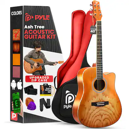 COLORS PYLE Ash Tree ACOUSTIC V GUITAR KIT ATAS : am " 40" a UPGRADED ZIP CASE E pEa TUNER APP P Extra String Set LAGEAL N P pyle