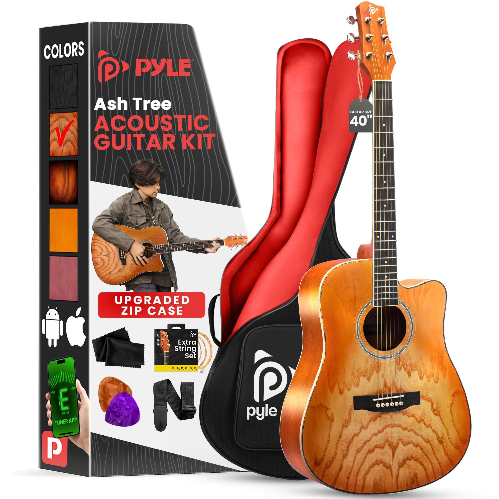 COLORS PYLE Ash Tree ACOUSTIC V GUITAR KIT ATAS : am " 40" a UPGRADED ZIP CASE E pEa TUNER APP P  Extra String Set LAGEAL N P pyle