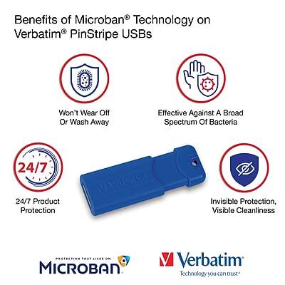 Benefits of Microban® Technology on Verbatim® PinStripe USBs

- Won't Wear Off or Wash Away
- Effective Against a Broad Spectrum of Bacteria
- 24/7 Product Protection
- Invisible Protection, Visible Cleanliness

Protection That Lasts on Microban®
Verbatim Technology you can trust*