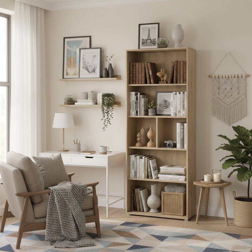 Angle. FurniFact - 6-Shelf Bookcase with Adjustable Storage Shelves for Office Use - Brown.