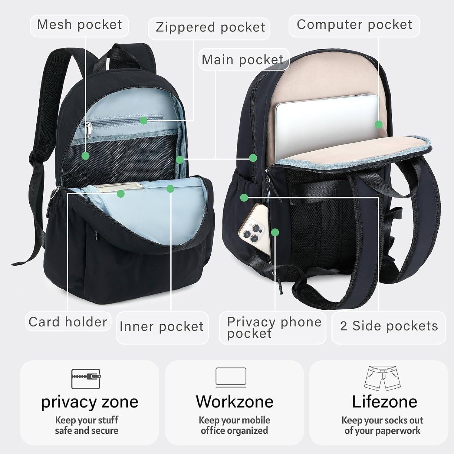 Mesh pocket  
Zippered pocket  
Computer pocket  
Main pocket  
Card holder  
Inner pocket  
Privacy phone pocket  
2 Side pockets  

privacy zone  
Keep your stuff safe and secure  

Workzone  
Keep your mobile office organized  

Lifezone  
Keep your socks out of your paperwork
