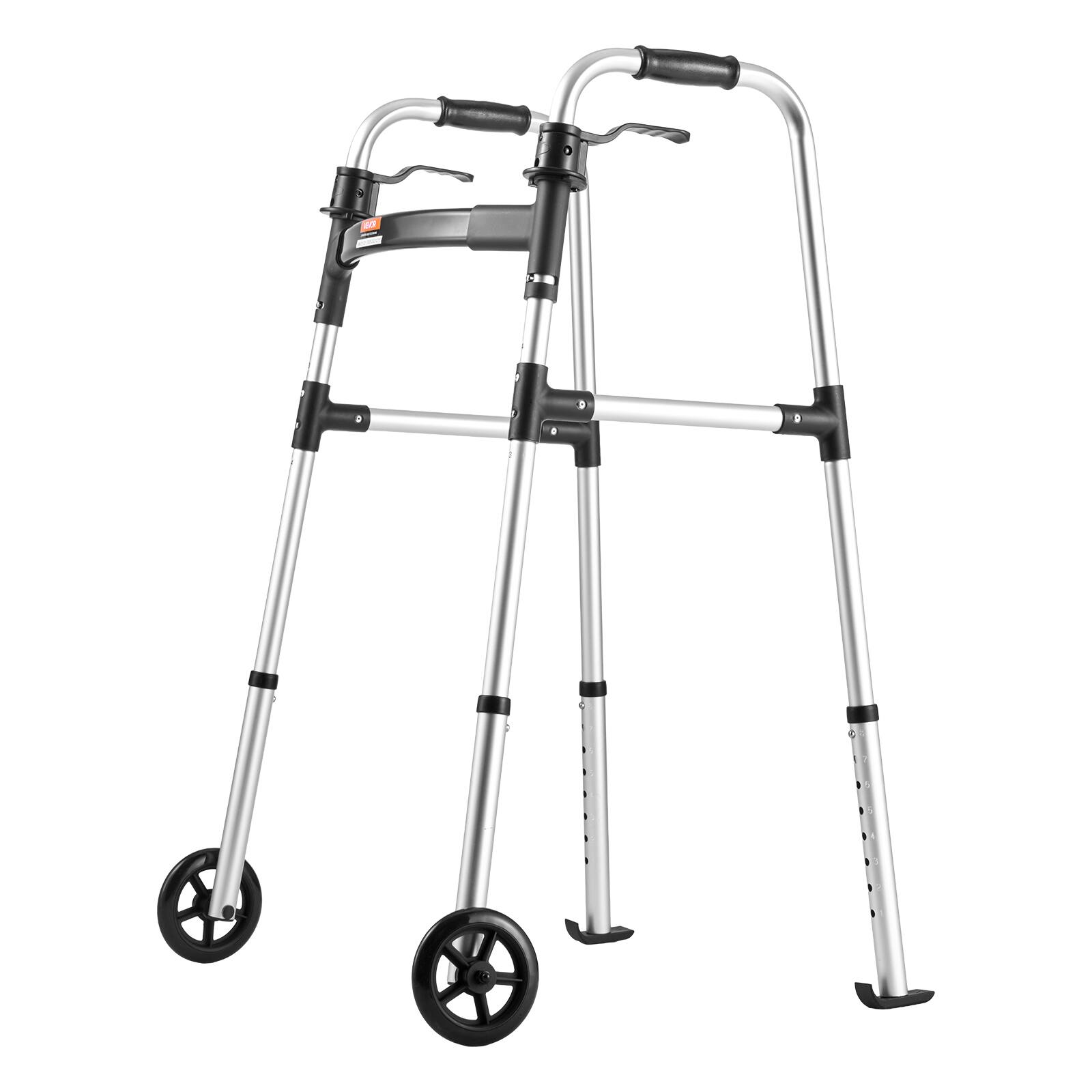 Alt View 5. VEVOR - Folding Walker, 2-Button Foldable Walker with 5" Wheels & 8-Level Adjustable Height, 350LBS Loading Lightweight Aluminum - Black,White.
