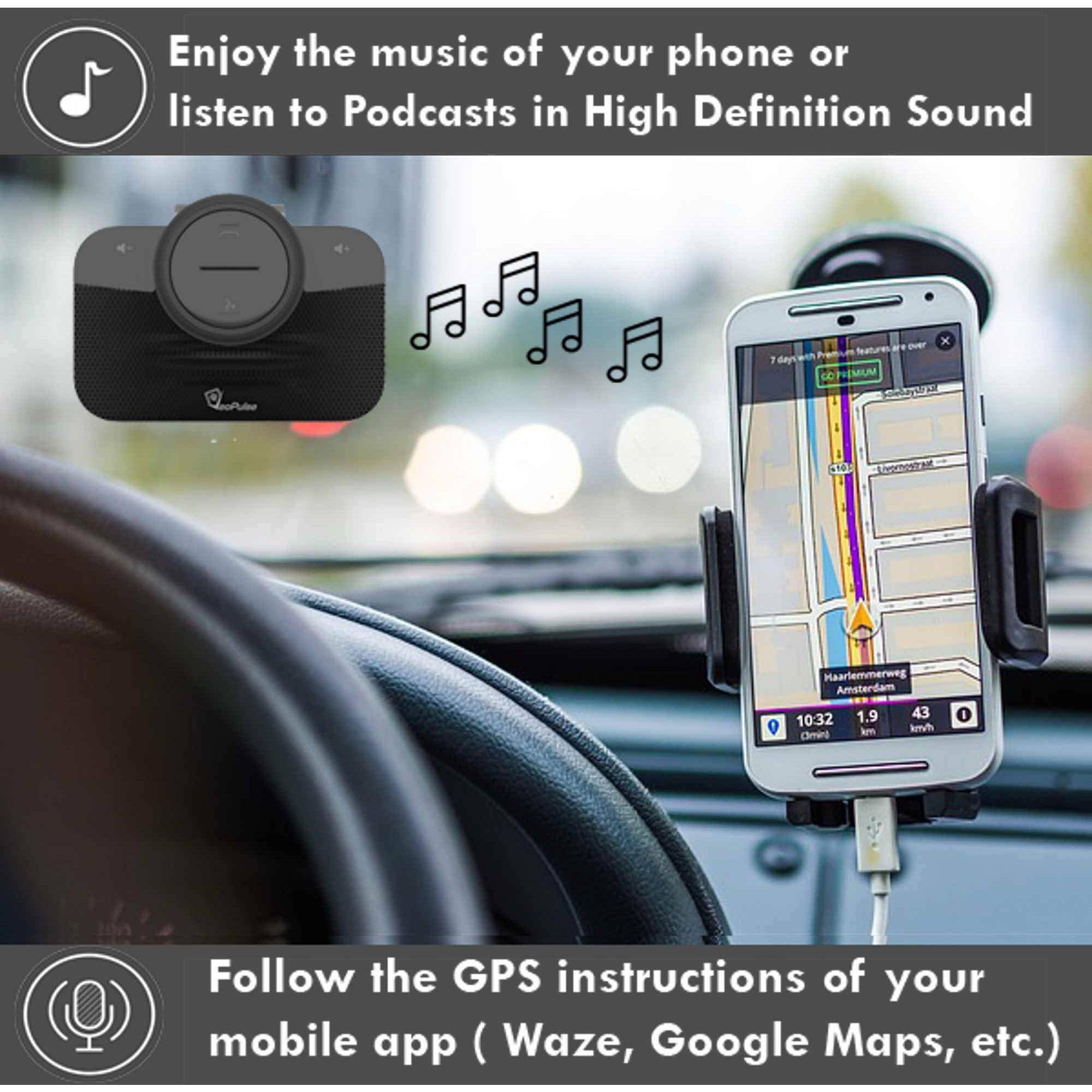 Enjoy the music of your phone or listen to Podcasts in High Definition Sound

Follow the GPS instructions of your mobile app (Waze, Google Maps, etc.)