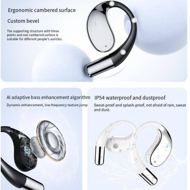 Ergonomic cambered surface  
Custom bevel  
The supporting structure with three points and one cambered surface is suitable for different people's auricles.  

AI adaptive bass enhancement algorithm  
Dynamic enhancement, low frequency texture jump  

IP54 waterproof and dustproof  
Sweat-proof and splash-proof, not afraid of rain, sweat and dust.