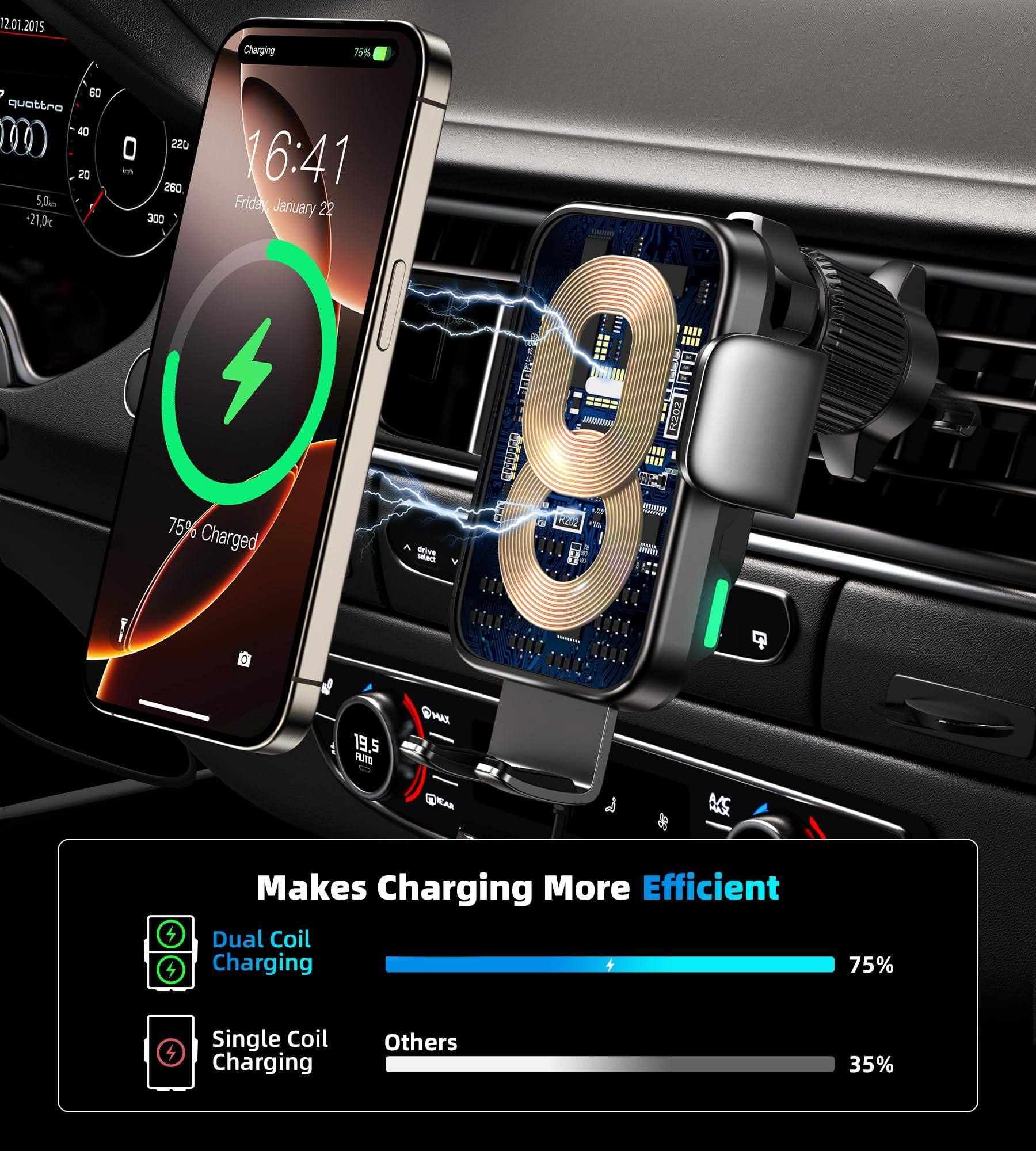 12.01.2015  
Charging 75%  
60 quattro 4  
20 S.0.m -21.0c  
O 220 M 280 300  
16:41  
Friday January 22  
75% Charged  

Makes Charging More Efficient  
Dual Coil Charging 75%  
Single Coil Charging Others 35%