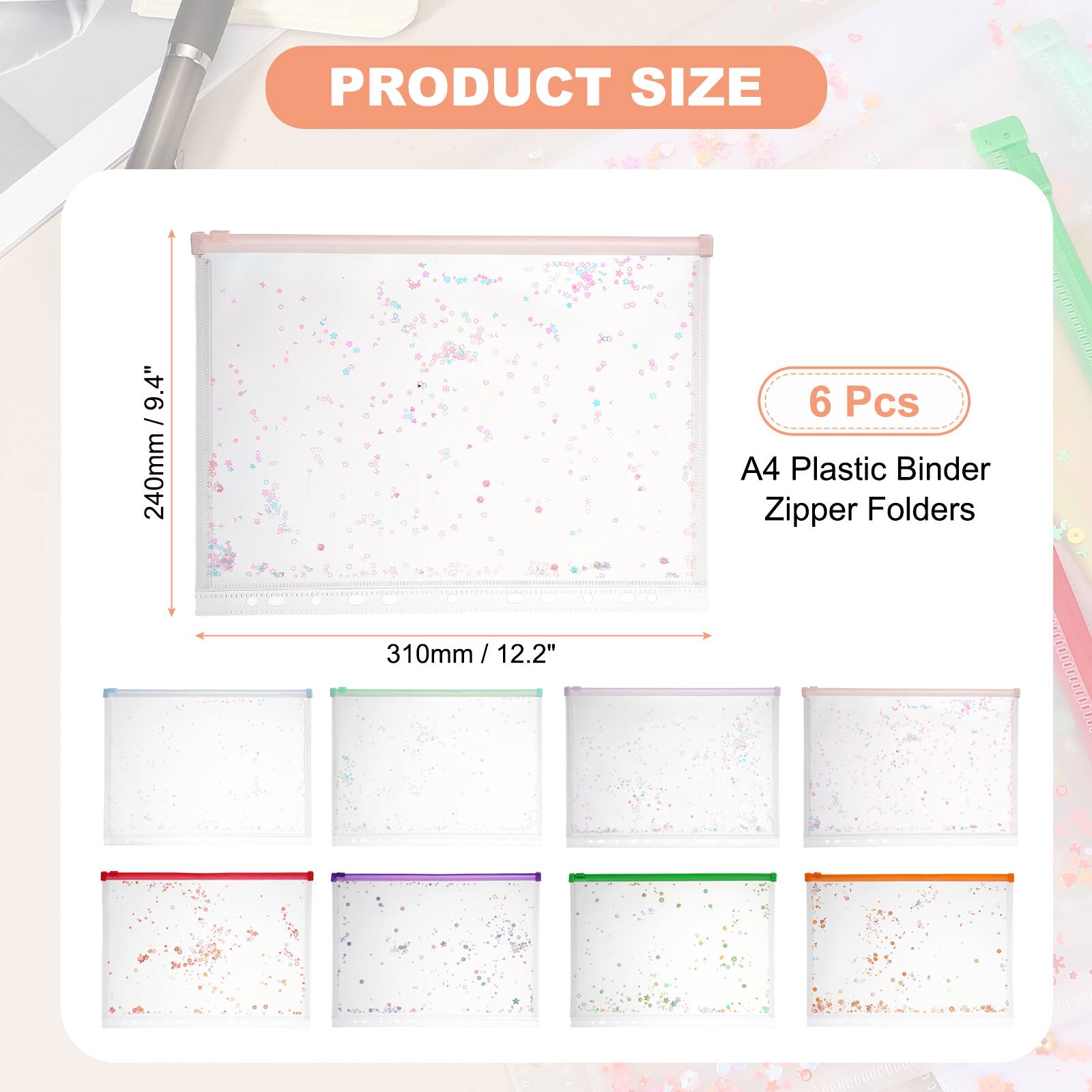 Unique Bargains 6pcs A4 Plastic Binder Zipper Pockets 12x9 Inch Clear ...