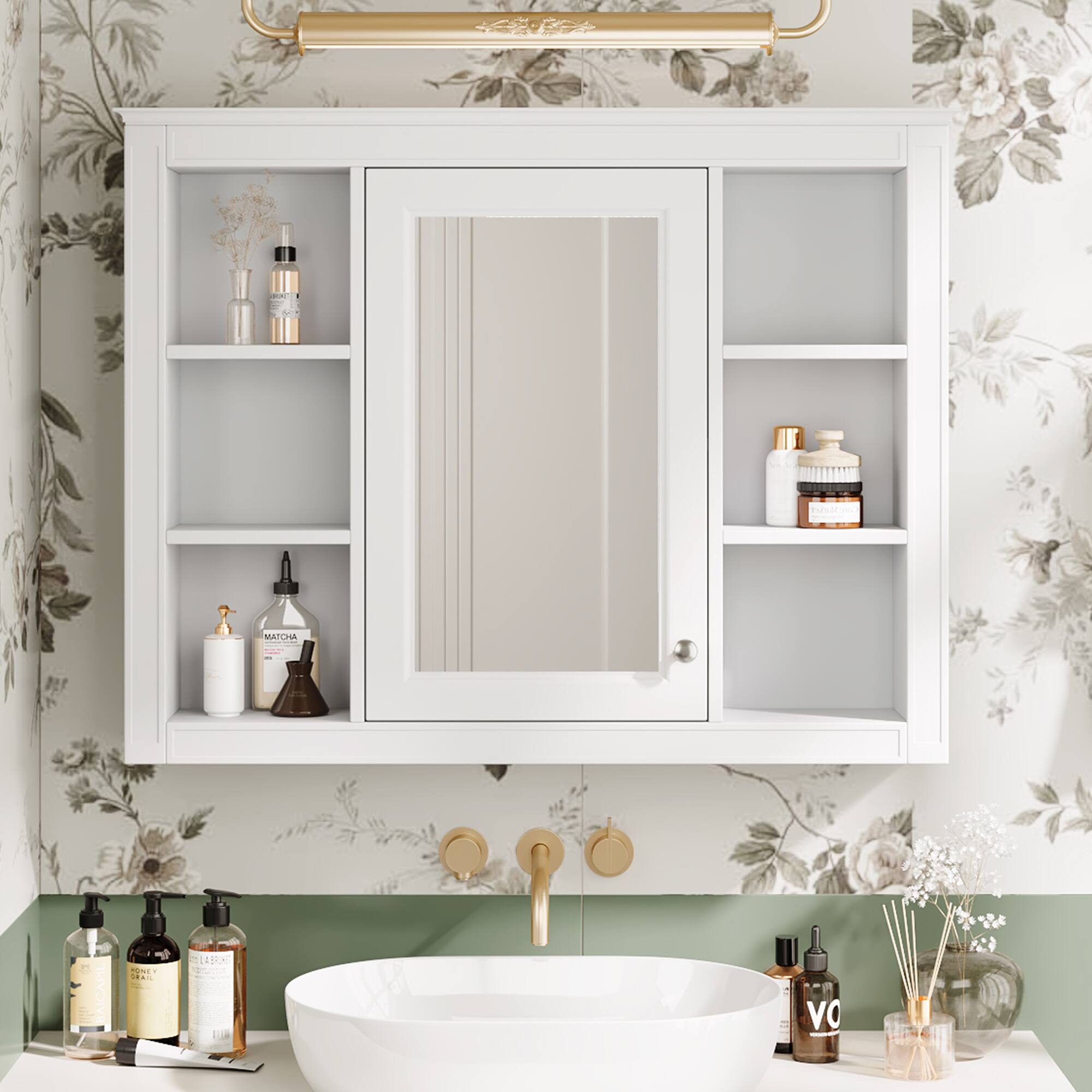 Alt View 1. Ecooso - 35x27.5in Wall Mounted Bathroom Cabinet with Mirror, Storage Organizer with Open Shelves - White.