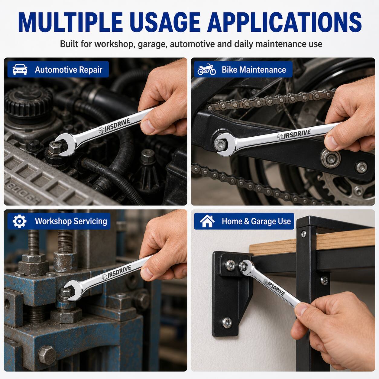MULTIPLE USAGE APPLICATIONS  
Built for workshop, garage, automotive and daily maintenance use  

Automotive Repair  
Bike Maintenance  
Workshop Servicing  
Home & Garage Use  

JRSDRIVE