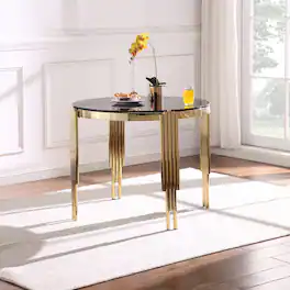 TinyHomie - 386 Round Glass Dining Table Tempered Glass Top Polished Gold Legs - Brown