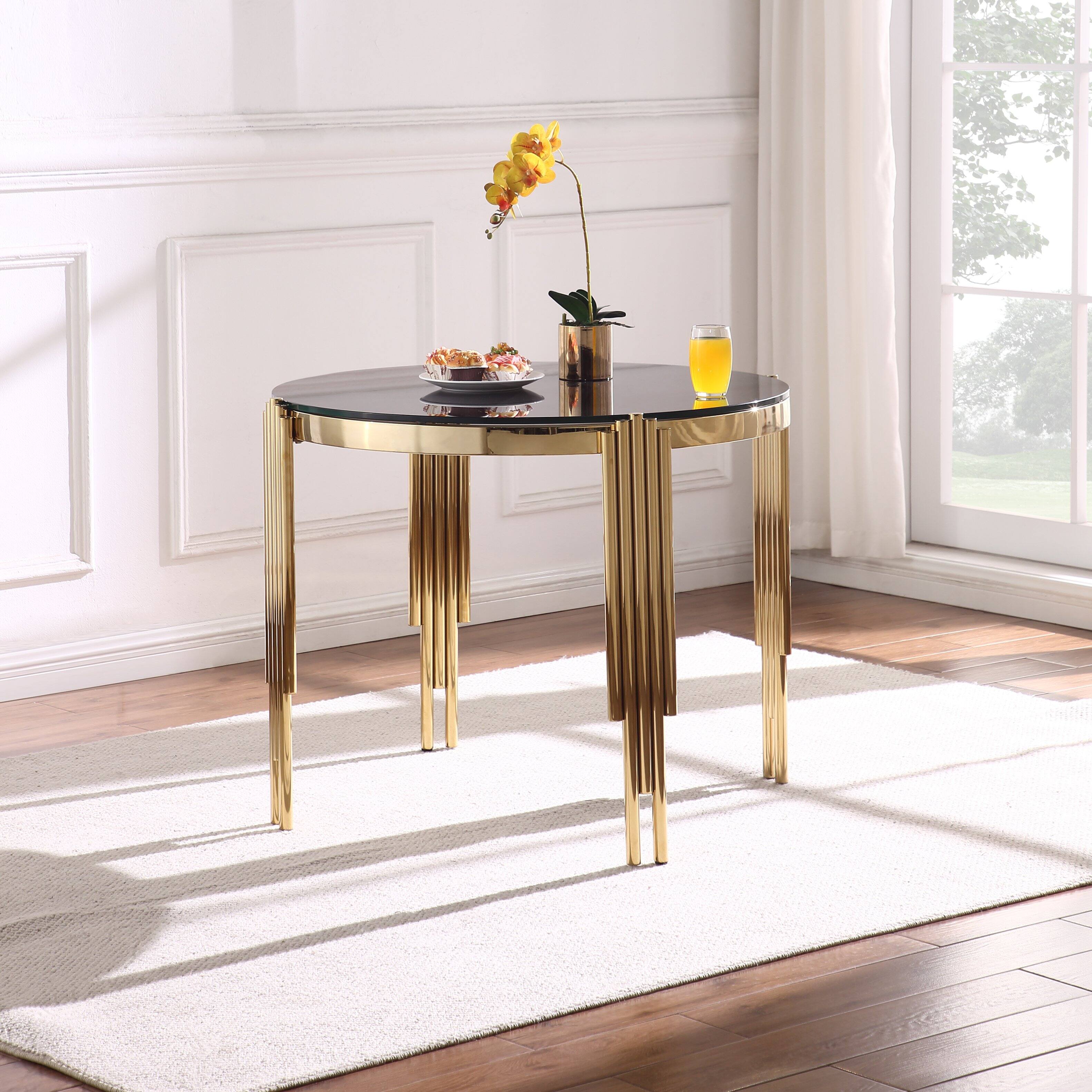 Front. TinyHomie - 386 Round Glass Dining Table Tempered Glass Top Polished Gold Legs - Brown.
