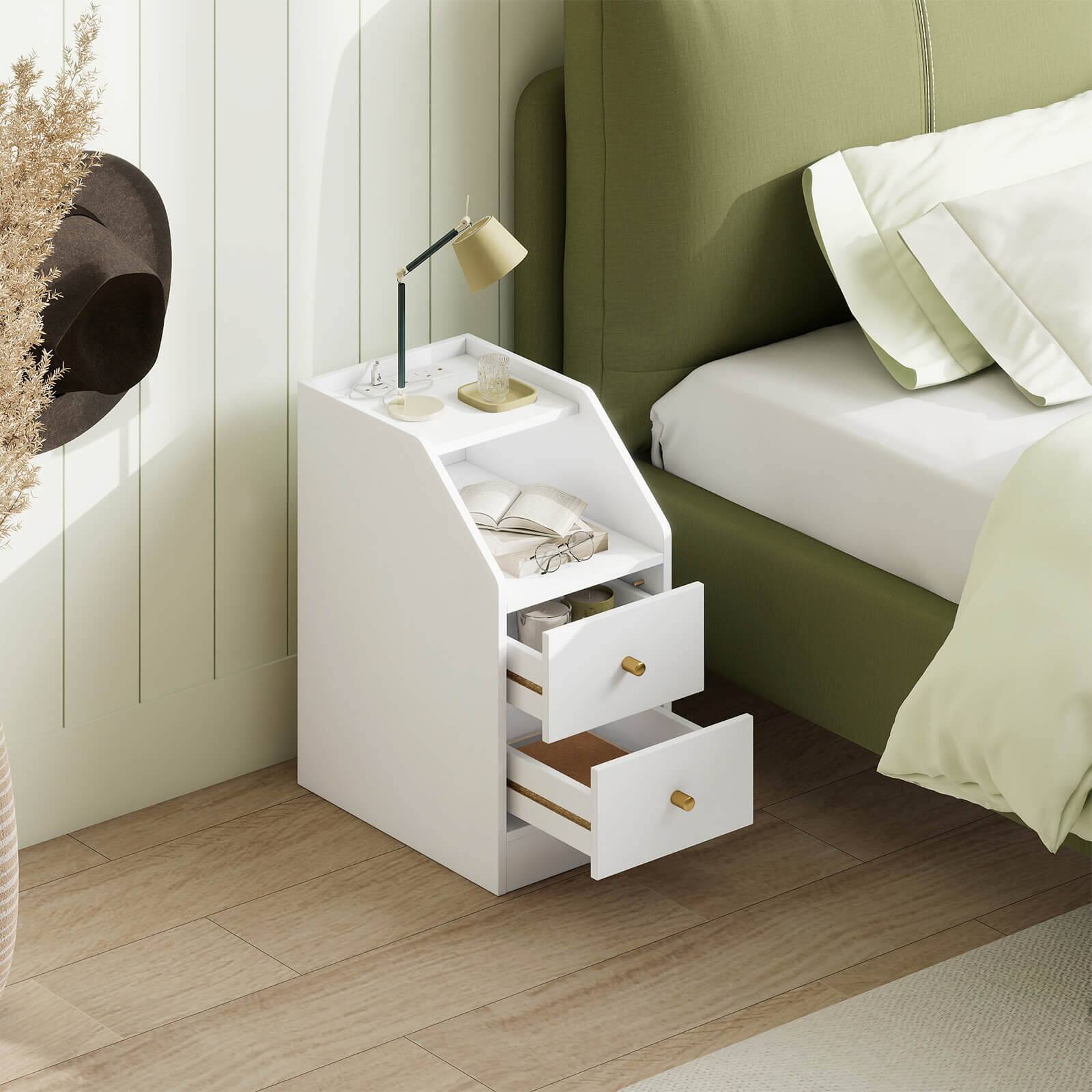 Alt View 4. Costway - Costway Side Table with Charging Station, Storage Drawers, Sofa Couch Table for Small Space - White.