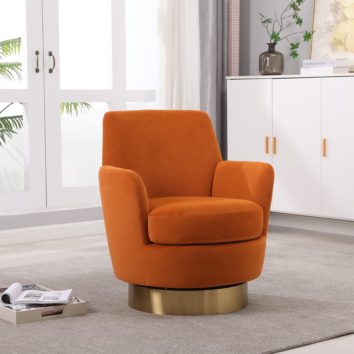 Trinkets Crazed - Swivel Barrel Chair,Modern Comfy Velvet Upholstered Round Swivel Accent Chairst,360 Degree Single Sofa Chair Armchair - Orange