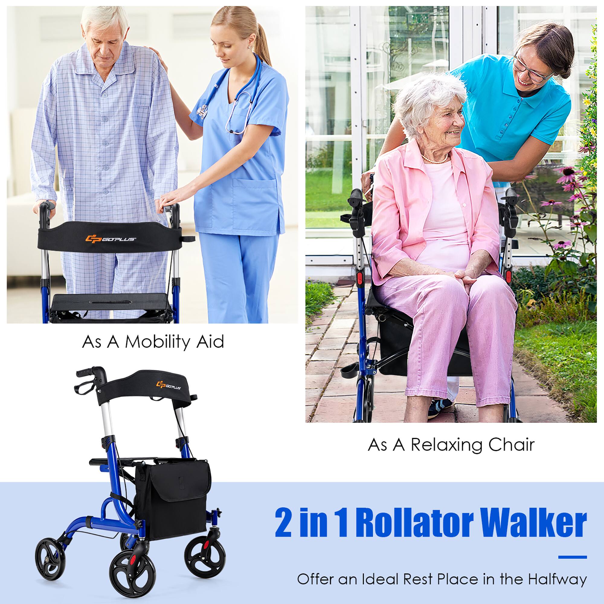 As A Mobility Aid, As A Relaxing Chair, 2 in 1 Rollator Walker, Offer an Ideal Rest Place in the Halfway