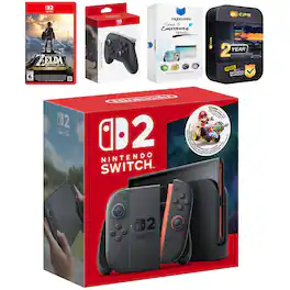 Switch 2 + Mario Kart World Bundle with Zelda Breath of the Wild, Pro Controller, MightySkins Code and 2 CPS - Nintendo Switch 2