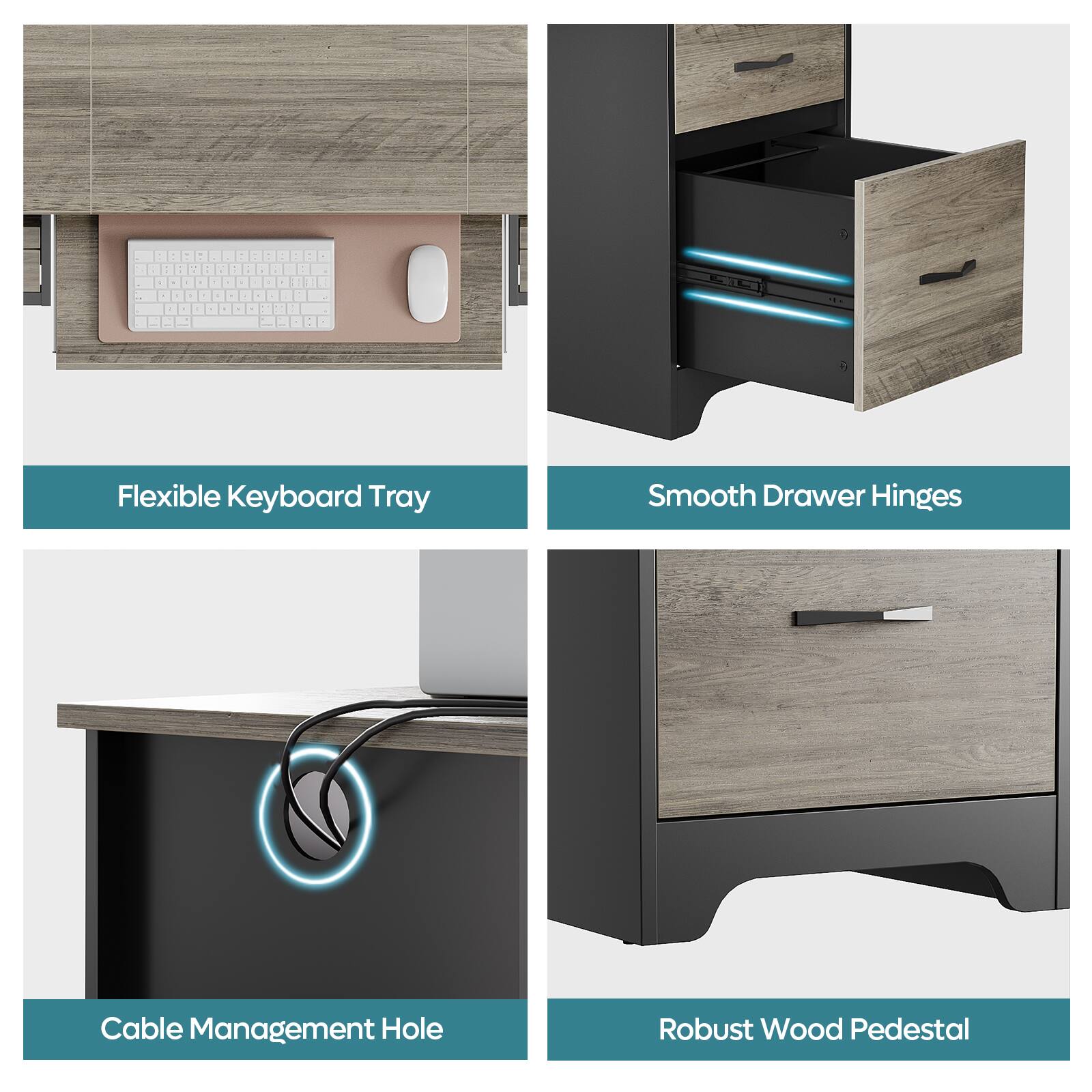 The image features a desk with a flexible keyboard tray, smooth drawer hinges, a cable management hole, and a robust wood pedestal.